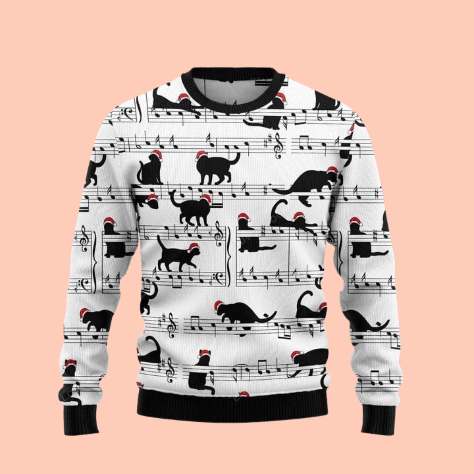 Black Cat Christmas Music 3D Cat Ugly Sweater Christmas Gift - Gift For Cat's Lovers
