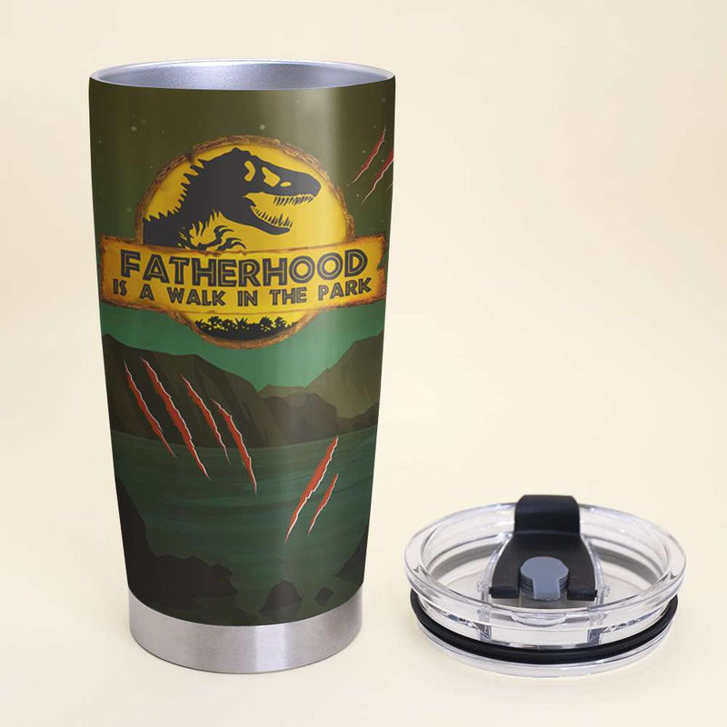 Personalized Fatherhood Is A Walk In The Park Jurassic W. Tumbler Cup Dinosaur Dad And Dino Kids Father's Day Gifts For Dad