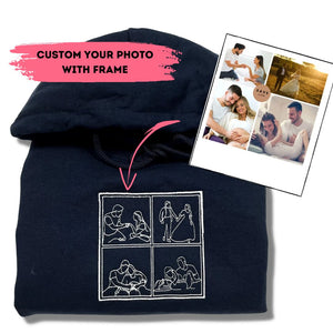 Custom Family Photo with Frame & Text Outline Embroidered Hoodie/ Sweatshirt