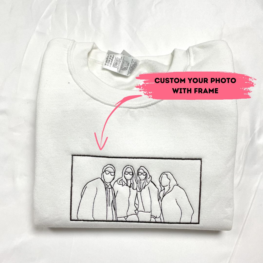 Custom Family Photo with Frame & Text Outline Embroidered Hoodie/ Sweatshirt