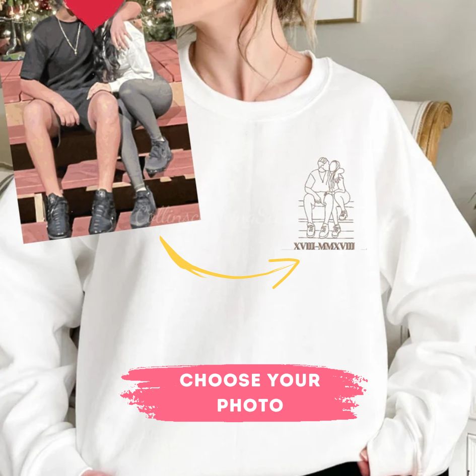 Custom Outline Embroidery Couple Photo with Text Embroidered Hoodie/ Sweatshirt
