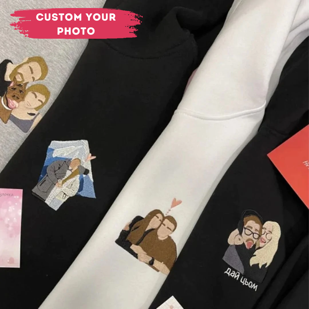 Custom Embroidery Couple Photo with Text Embroidered Hoodie