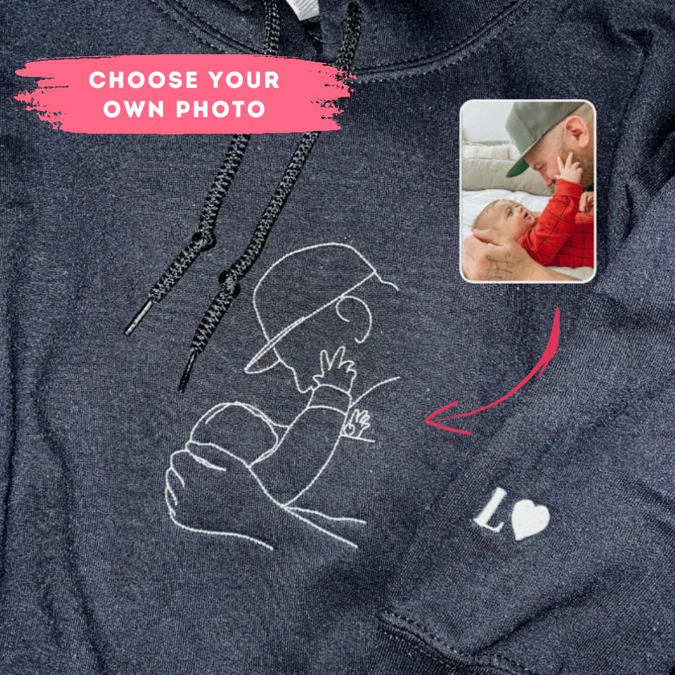 Custom Outline Embroidery Father and Child Photo Embroidered Hoodie/ Sweatshirt