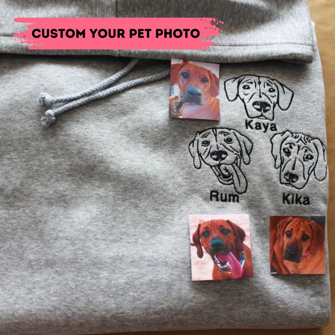 Pets Face Photos (1-3 Faces) with Name Custom Outline Embroidered Hoodie/ Sweatshirt